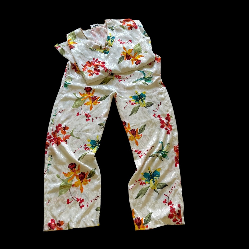 Mary McFadden Loungewear Pajama Medium Cream Floral Jacquard Top Pants USA Made